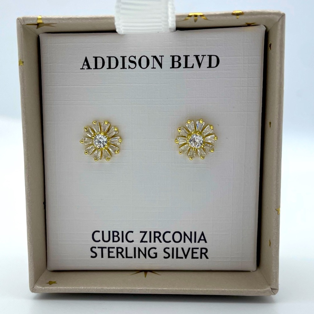 Addison Blvd Gold Tone with CZ Flower Petite Post Earrings NIB